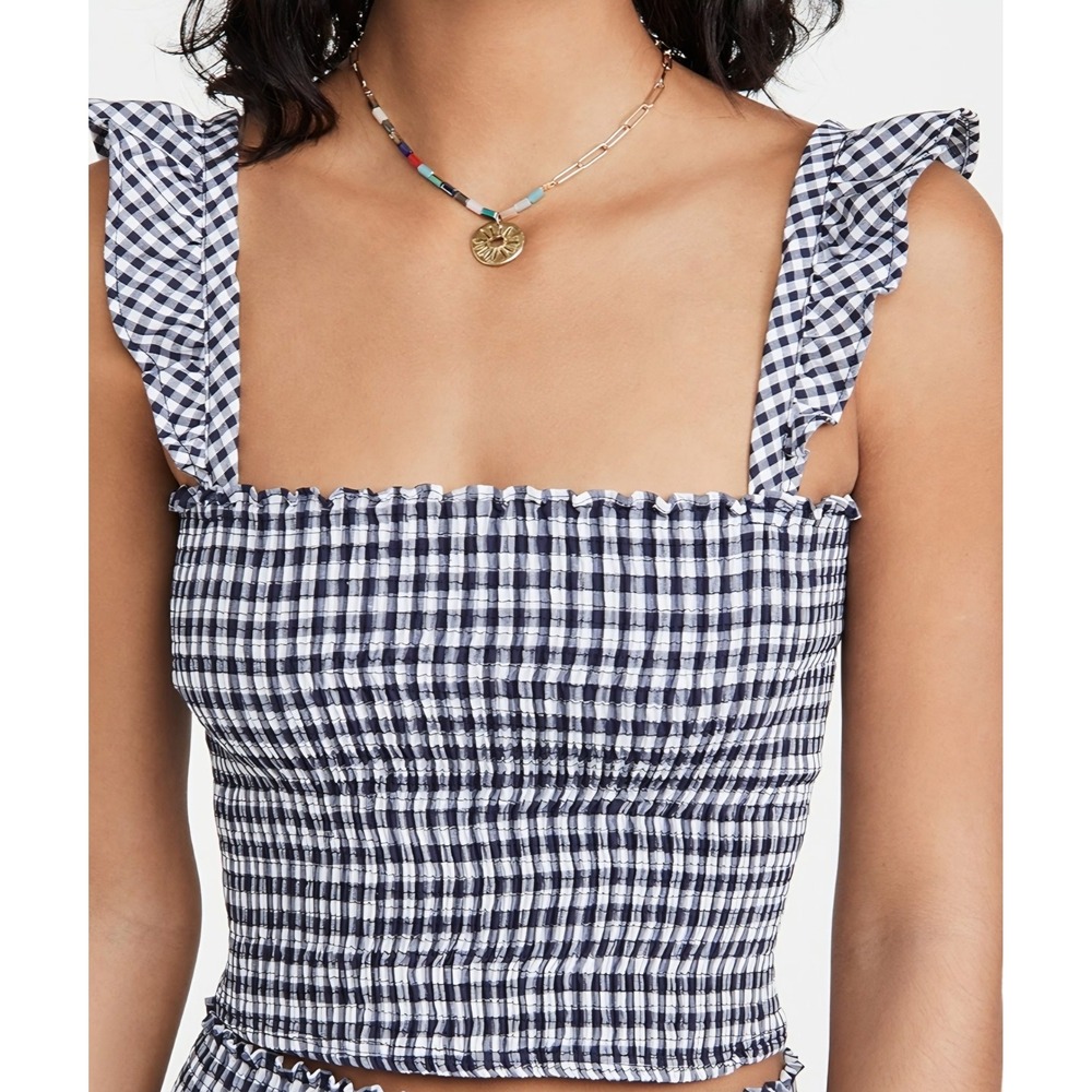 Peixoto Navy White‎ Gingham Ruffle Smocked Crop Top Shirred Blouse Size XL